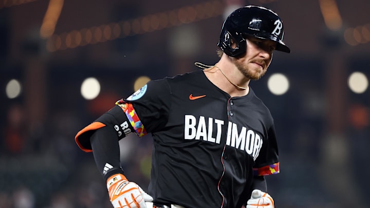 Jun 13, 2025; Baltimore, Maryland, USA; Baltimore Orioles outfielder Ryan O'Hearn (32) rounds the bases after hitting a home run during the second inning against the Los Angeles Angels at Oriole Park at Camden Yards. Mandatory Credit: Daniel Kucin Jr.-Imagn Images Jun 13, 2025; Baltimore, Maryland, USA; Baltimore Orioles outfielder Ryan O'Hearn (32) rounds the bases after hitting a home run during the second inning against the Los Angeles Angels at Oriole Park at Camden Yards. Mandatory Credit: Daniel Kucin Jr.-Imagn Images