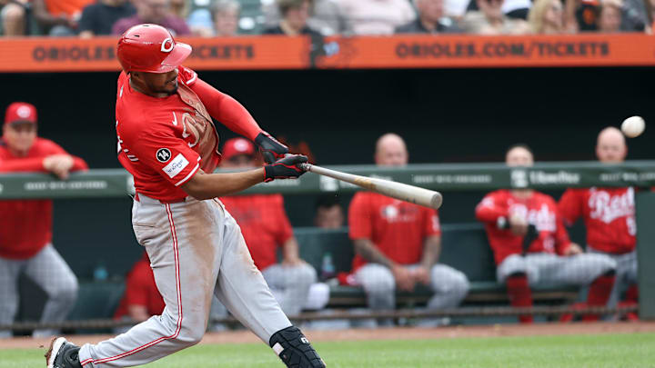 Apr 19, 2025; Baltimore, Maryland, USA; Cincinnati Reds third baseman Jeimer Candelario (3) hits a double during the sixth inning against the Baltimore Orioles at Oriole Park at Camden Yards. Mandatory Credit: Daniel Kucin Jr.-Imagn Images