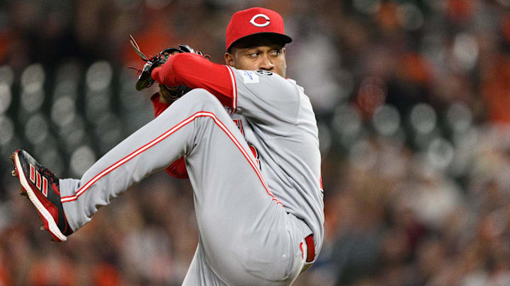 Apr 18, 2025; Baltimore, Maryland, USA; Cincinnati Reds pitcher Alexis Diaz (43) throws a pitch during the ninth inning against the Baltimore Orioles at Oriole Park at Camden Yards. Mandatory Credit: Reggie Hildred-Imagn Images