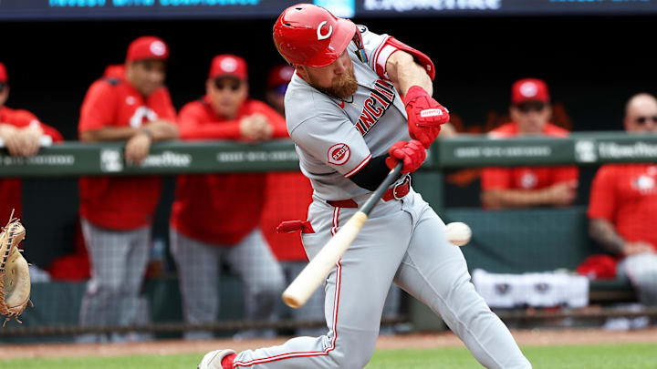 Apr 20, 2025; Baltimore, Maryland, USA; Cincinnati Reds outfielder Blake Dunn (59) hits an RBI single during the seventh inning against the Baltimore Orioles at Oriole Park at Camden Yards. Mandatory Credit: Daniel Kucin Jr.-Imagn Images