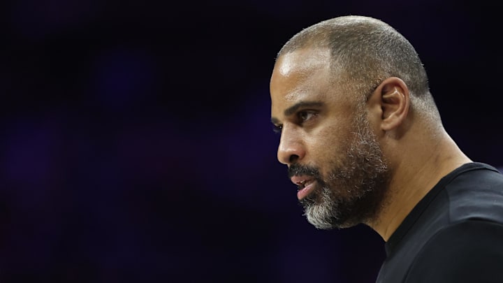 Jan 22, 2026; Philadelphia, Pennsylvania, USA; Houston Rockets head coach Ime Udoka during the third quarter against the Philadelphia 76ers at Xfinity Mobile Arena. Mandatory Credit: Bill Streicher-Imagn Images