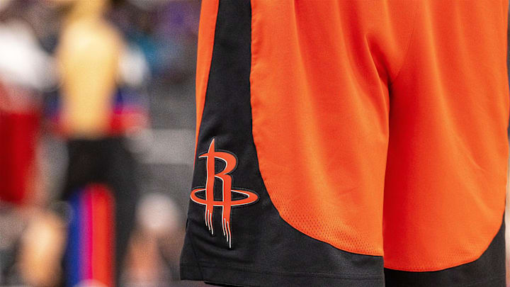 Jan 23, 2026; Detroit, Michigan, USA; A detailed view of the  Houston Rockets logo on a players shorts during the second half against the Detroit Pistons at Little Caesars Arena. Mandatory Credit: David Reginek-Imagn Images
