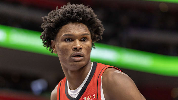 Jan 23, 2026; Detroit, Michigan, USA; Houston Rockets guard Amen Thompson (1) follows the play against the Detroit Pistons during the second half at Little Caesars Arena. Mandatory Credit: David Reginek-Imagn Images
