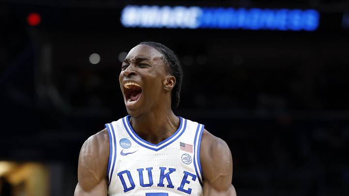 Mar 27, 2026; Washington, DC, USA; Duke Blue Devils guard Isaiah Evans (3) reacts after a basket against the St. John's Red Storm in the first half during a Sweet Sixteen game of the East Regional of the men's 2026 NCAA Tournament at Capital One Arena. Mandatory Credit: Amber Searls-Imagn Images