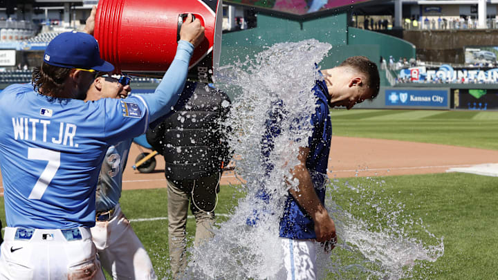 Apr 6, 2025; Kansas City, Missouri, USA; Kansas City Royals shortstop Bobby Witt Jr. (7) dumps the Gartorade bucket on Kansas City Royals pitcher Kris Bubic (50) after winning the game over the Baltimore Orioles at Kauffman Stadium. Mandatory Credit: Gary Rohman-Imagn Images Apr 6, 2025; Kansas City, Missouri, USA; Kansas City Royals shortstop Bobby Witt Jr. (7) dumps the Gartorade bucket on Kansas City Royals pitcher Kris Bubic (50) after winning the game over the Baltimore Orioles at Kauffman Stadium. Mandatory Credit: Gary Rohman-Imagn Images