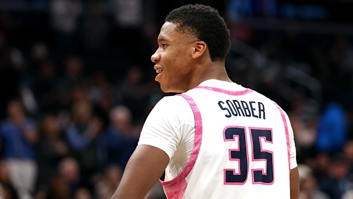 Feb 8, 2025; Washington, District of Columbia, USA; Georgetown Hoyas forward Thomas Sorber (35) celebrates during the second half against the Seton Hall Pirates at Capital One Arena. Mandatory Credit: Daniel Kucin Jr.-Imagn Images