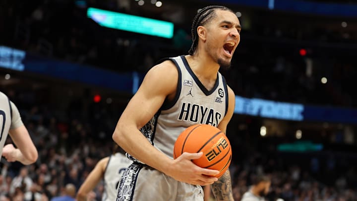 Mar 4, 2025; Washington, District of Columbia, USA; Georgetown Hoyas guard Micah Peavy (5) celebrates during the second half against the Villanova Wildcats at Capital One Arena. Mandatory Credit: Daniel Kucin Jr.-Imagn Images Mar 4, 2025; Washington, District of Columbia, USA; Georgetown Hoyas guard Micah Peavy (5) celebrates during the second half against the Villanova Wildcats at Capital One Arena. Mandatory Credit: Daniel Kucin Jr.-Imagn Images