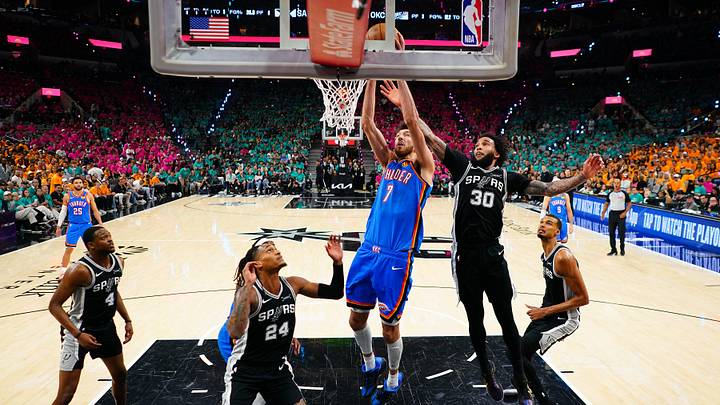 May 22, 2026; San Antonio, Texas, USA; Oklahoma City Thunder center Chet Holmgren (7) shoots the ball over San Antonio Spurs forward Julian Champagnie (30) in the first half during game three of the western conference finals for the 2026 NBA playoffs at Frost Bank Center. Mandatory Credit: Scott Wachter-Imagn Images May 22, 2026; San Antonio, Texas, USA; Oklahoma City Thunder center Chet Holmgren (7) shoots the ball over San Antonio Spurs forward Julian Champagnie (30) in the first half during game three of the western conference finals for the 2026 NBA playoffs at Frost Bank Center. Mandatory Credit: Scott Wachter-Imagn Images