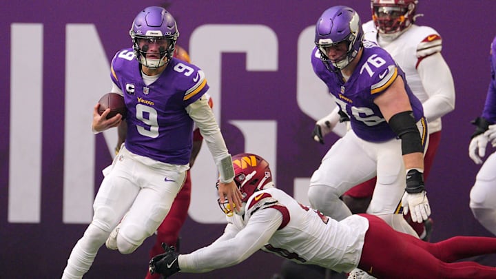 Dec 7, 2025; Minneapolis, Minnesota, USA; Minnesota Vikings quarterback J.J. McCarthy (9) rushes the ball past Washington Commanders outside linebacker Von Miller (24) during the first half at U.S. Bank Stadium. Dec 7, 2025; Minneapolis, Minnesota, USA; Minnesota Vikings quarterback J.J. McCarthy (9) rushes the ball past Washington Commanders outside linebacker Von Miller (24) during the first half at U.S. Bank Stadium.
