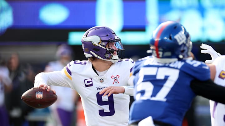 Dec 21, 2025; East Rutherford, New Jersey, USA; Minnesota Vikings quarterback J.J. McCarthy (9) drops back to pass against the New York Giants during the first half at MetLife Stadium. Mandatory Credit: Vincent Carchietta-Imagn Images