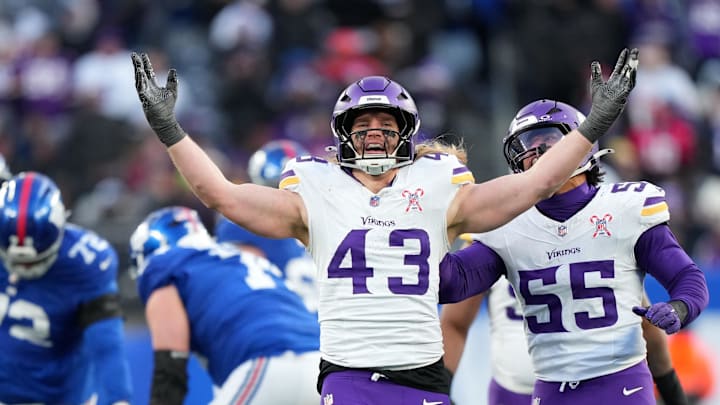 Dec 21, 2025; East Rutherford, New Jersey, USA; Minnesota Vikings outside linebacker Andrew van Ginkel (43) reacts after a tackle against the New York Giants during the second half at MetLife Stadium. Mandatory Credit: Robert Deutsch-Imagn Images