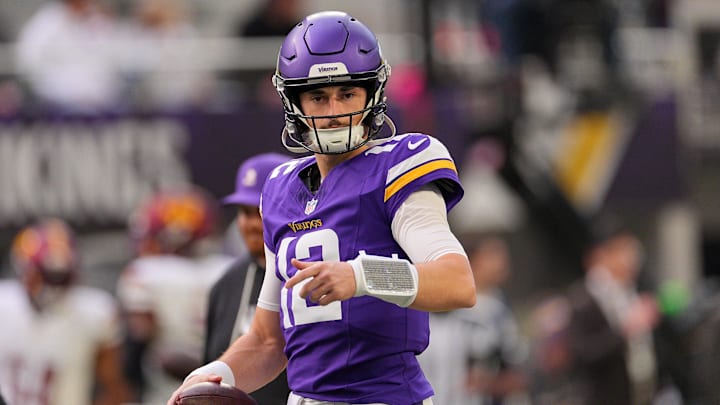 Dec 7, 2025; Minneapolis, Minnesota, USA; Minnesota Vikings quarterback Max Brosmer (12) practices before the game at U.S. Bank Stadium. Mandatory Credit: Brad Rempel-Imagn Images