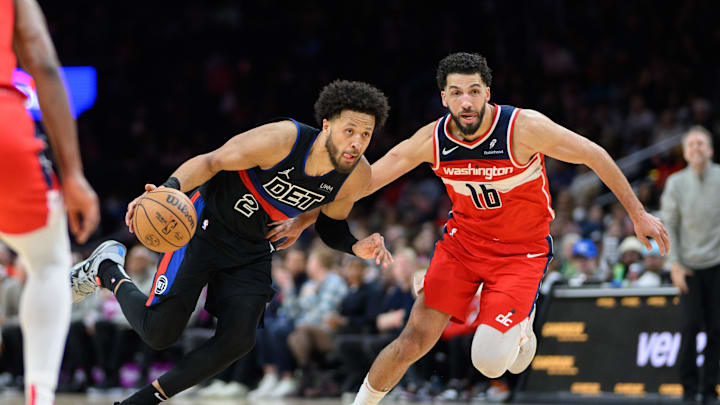 Mar 29, 2024; Washington, District of Columbia, USA; Detroit Pistons guard Cade Cunningham (2) prepares to dribble against Washington Wizards forward Anthony Gill (16) during the third quarter at Capital One Arena. Mandatory Credit: Reggie Hildred-Imagn Images