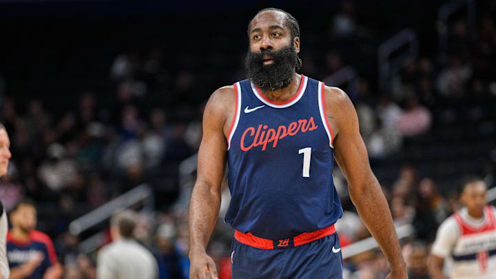 Nov 27, 2024; Washington, District of Columbia, USA; LA Clippers guard James Harden (1) looks on during the first quarter against the Washington Wizards at Capital One Arena. Mandatory Credit: Reggie Hildred-Imagn Images Nov 27, 2024; Washington, District of Columbia, USA; LA Clippers guard James Harden (1) looks on during the first quarter against the Washington Wizards at Capital One Arena. Mandatory Credit: Reggie Hildred-Imagn Images