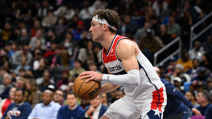 Nov 27, 2024; Washington, District of Columbia, USA;  Washington Wizards forward Corey Kispert (24) handles the ball during the fourth quarter against the LA Clippers at Capital One Arena. Mandatory Credit: Reggie Hildred-Imagn Images