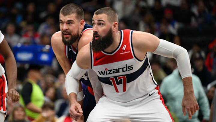 Nov 27, 2024; Washington, District of Columbia, USA; Washington Wizards center Jonas Valanciunas (17) and LA Clippers center Ivica Zubac (40) fight for position during the third quarter at Capital One Arena. Mandatory Credit: Reggie Hildred-Imagn Images