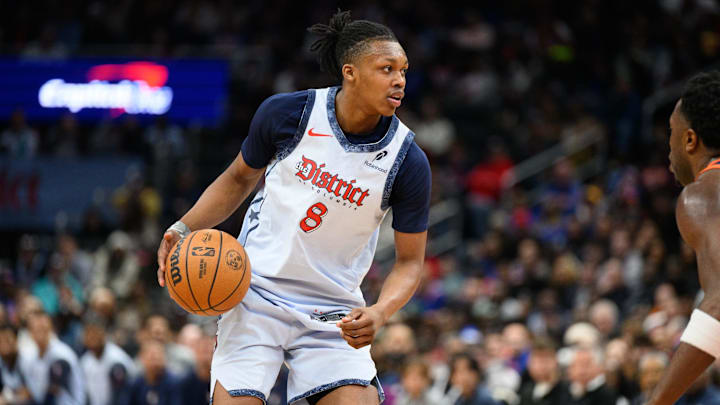 Dec 30, 2024; Washington, District of Columbia, USA; Washington Wizards guard Carlton Carrington (8) handles the ball during the third quarter against the New York Knicks at Capital One Arena. Mandatory Credit: Reggie Hildred-Imagn Images