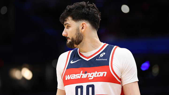 Feb 8, 2025; Washington, District of Columbia, USA; Washington Wizards forward Tristan Vukcevic (00) looks on during the second half against the Atlanta Hawks at Capital One Arena. Mandatory Credit: Daniel Kucin Jr.-Imagn Images