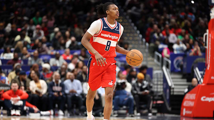 Feb 8, 2025; Washington, District of Columbia, USA; Washington Wizards guard Bub Carrington (8) dribbles the ball during the second half against the Atlanta Hawks at Capital One Arena. Mandatory Credit: Daniel Kucin Jr.-Imagn Images