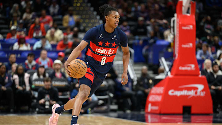 Mar 5, 2025; Washington, District of Columbia, USA; Washington Wizards guard Bub Carrington (8) handles the ball during the second quarter against the Utah Jazz at Capital One Arena. Mandatory Credit: Reggie Hildred-Imagn Images