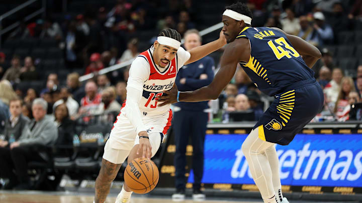 Mar 27, 2025; Washington, District of Columbia, USA; Washington Wizards guard Jordan Poole (13) drives past Indiana Pacers forward Pascal Siakam (43) during the first half at Capital One Arena. Mandatory Credit: Daniel Kucin Jr.-Imagn Images