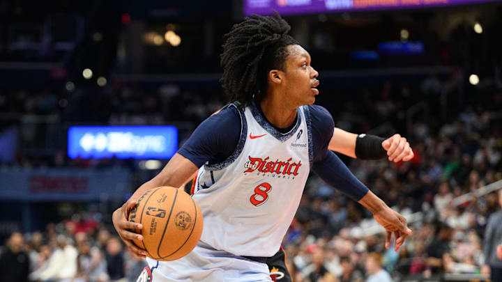 Mar 31, 2025; Washington, District of Columbia, USA; Washington Wizards guard Bub Carrington (8) handles the ball during the fourth quarter against the Miami Heat at Capital One Arena. Mandatory Credit: Reggie Hildred-Imagn Images