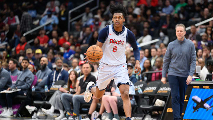 Mar 31, 2025; Washington, District of Columbia, USA; Washington Wizards guard Bub Carrington (8) handles the ball during the fourth quarter against the Miami Heat at Capital One Arena. Mandatory Credit: Reggie Hildred-Imagn Images