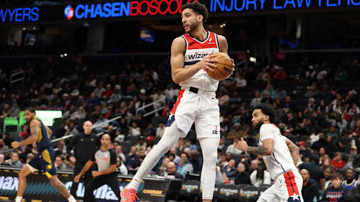 Mar 27, 2025; Washington, District of Columbia, USA; Washington Wizards guard Colby Jones (1) grabs a rebound during the second half against the Indiana Pacers at Capital One Arena. Mandatory Credit: Daniel Kucin Jr.-Imagn Images