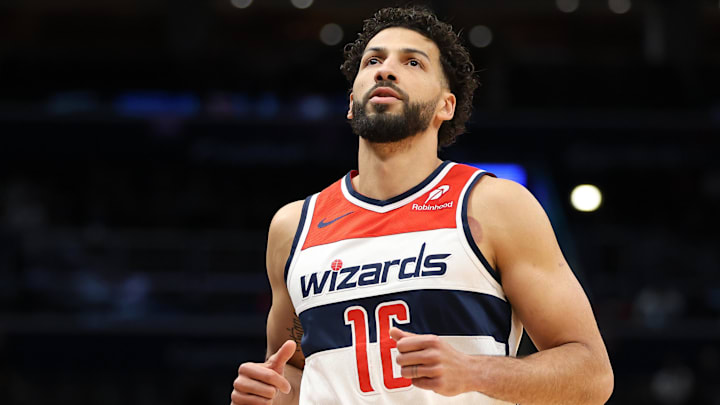 Mar 27, 2025; Washington, District of Columbia, USA; Washington Wizards forward Anthony Gill (16) looks on during the first half against the Indiana Pacers at Capital One Arena. Mandatory Credit: Daniel Kucin Jr.-Imagn Images