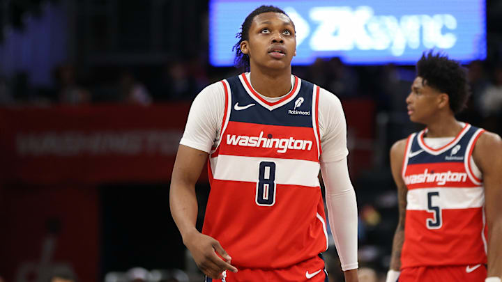 Mar 29, 2025; Washington, District of Columbia, USA; Washington Wizards guard Bub Carrington (8) looks on during the first half against the Brooklyn Nets at Capital One Arena. Mandatory Credit: Daniel Kucin Jr.-Imagn Images