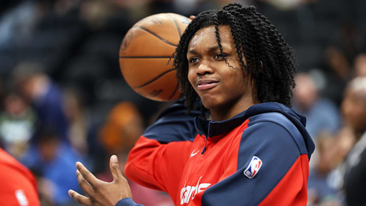 Mar 27, 2025; Washington, District of Columbia, USA; Washington Wizards guard Bub Carrington (8) warms up before a game against the Indiana Pacers at Capital One Arena. Mandatory Credit: Daniel Kucin Jr.-Imagn Images Mar 27, 2025; Washington, District of Columbia, USA; Washington Wizards guard Bub Carrington (8) warms up before a game against the Indiana Pacers at Capital One Arena. Mandatory Credit: Daniel Kucin Jr.-Imagn Images