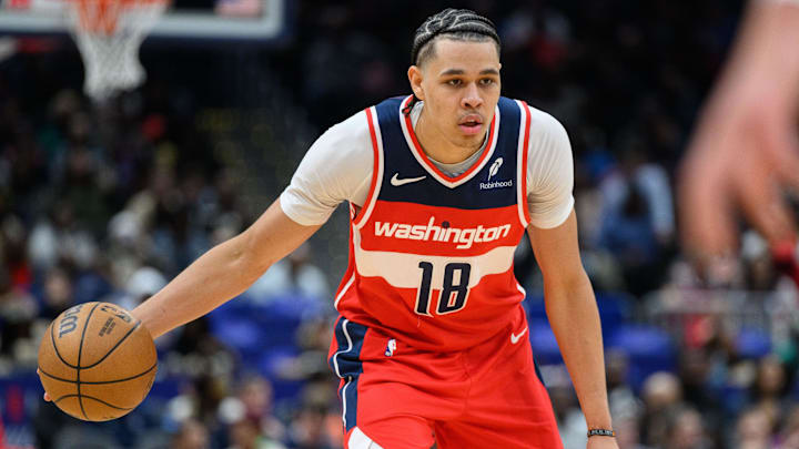Mar 21, 2025; Washington, District of Columbia, USA; Washington Wizards forward Kyshawn George (18) handles the ball during the third quarter against the Orlando Magic at Capital One Arena. Mandatory Credit: Reggie Hildred-Imagn Images Mar 21, 2025; Washington, District of Columbia, USA; Washington Wizards forward Kyshawn George (18) handles the ball during the third quarter against the Orlando Magic at Capital One Arena. Mandatory Credit: Reggie Hildred-Imagn Images