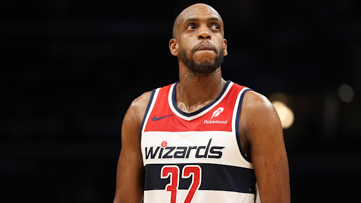 Mar 27, 2025; Washington, District of Columbia, USA; Washington Wizards forward Khris Middleton (32) looks on during the first half against the Indiana Pacers at Capital One Arena. Mandatory Credit: Daniel Kucin Jr.-Imagn Images
