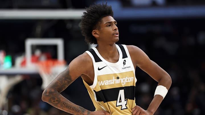 Jan 2, 2026; Washington, District of Columbia, USA; Washington Wizards guard AJ Johnson (4) looks on during the first half against the Brooklyn Nets at Capital One Arena. Mandatory Credit: Daniel Kucin Jr.-Imagn Images Jan 2, 2026; Washington, District of Columbia, USA; Washington Wizards guard AJ Johnson (4) looks on during the first half against the Brooklyn Nets at Capital One Arena. Mandatory Credit: Daniel Kucin Jr.-Imagn Images