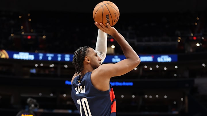 Jan 22, 2026; Washington, District of Columbia, USA; Washington Wizards center Alex Sarr (20) takes a shot during the first half against the Denver Nuggets at Capital One Arena. Mandatory Credit: Daniel Kucin Jr.-Imagn Images