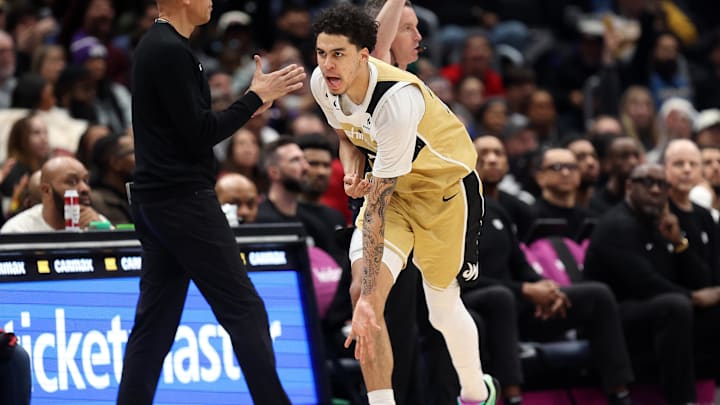 Feb 1, 2026; Washington, District of Columbia, USA; Washington Wizards guard Will Riley (27) celebrates during the second half against the Sacramento Kings at Capital One Arena. Mandatory Credit: Daniel Kucin Jr.-Imagn Images