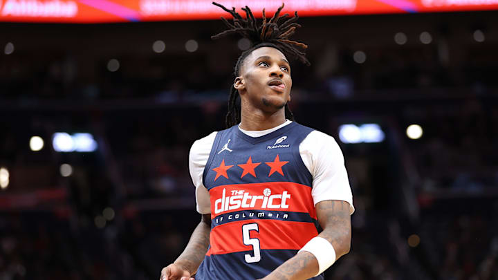 Jan 22, 2026; Washington, District of Columbia, USA; Washington Wizards guard Jamir Watkins (5) looks on during the first half against the Denver Nuggets at Capital One Arena. Mandatory Credit: Daniel Kucin Jr.-Imagn Images