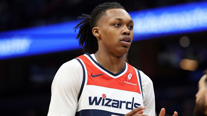 Jan 6, 2026; Washington, District of Columbia, USA; Washington Wizards guard Bub Carrington (7) looks on during the second half against the Orlando Magic at Capital One Arena. Mandatory Credit: Daniel Kucin Jr.-Imagn Images