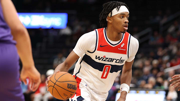 Feb 22, 2026; Washington, District of Columbia, USA; Washington Wizards guard Bilal Coulibaly (0) dribbles the ball during the first half against the Charlotte Hornets at Capital One Arena. Mandatory Credit: Daniel Kucin Jr.-Imagn Images
