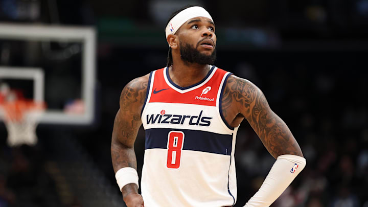 Mar 17, 2026; Washington, District of Columbia, USA; Washington Wizards guard Jaden Hardy (8) looks on during the second half against the Detroit Pistons at Capital One Arena. Mandatory Credit: Daniel Kucin Jr.-Imagn Images