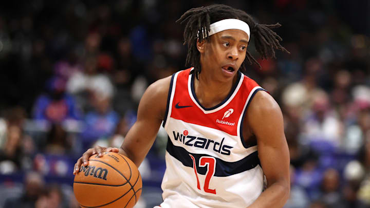 Mar 17, 2026; Washington, District of Columbia, USA; Washington Wizards guard Tre Johnson (12) dribbles the ball during second half against the Detroit Pistons at Capital One Arena. Mandatory Credit: Daniel Kucin Jr.-Imagn Images