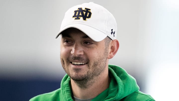 Notre Dame offensive coordinator Tommy Rees during Notre Dame Spring Practice on Saturday, March 26, 2022, at Irish Athletics Center in South Bend, Indiana.