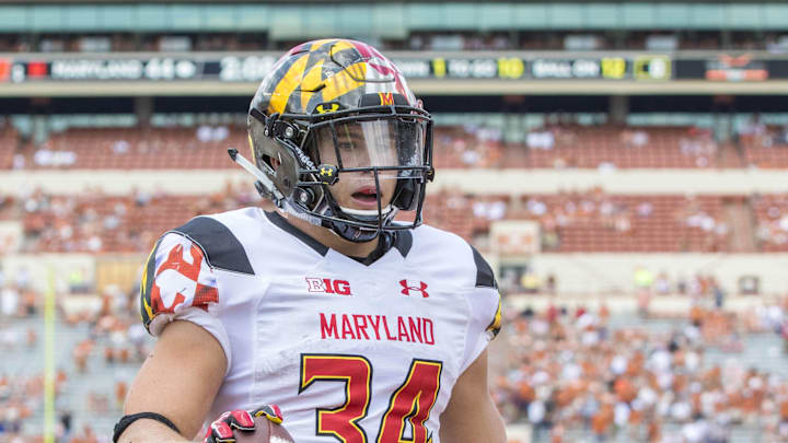 Sep 2, 2017; Austin, TX, USA; Maryland Terrapins running back Jake Funk (34) following his touchdown against the Texas Longhorns at Darrell K Royal-Texas Memorial Stadium. Mandatory Credit: John Gutierrez-Imagn Images