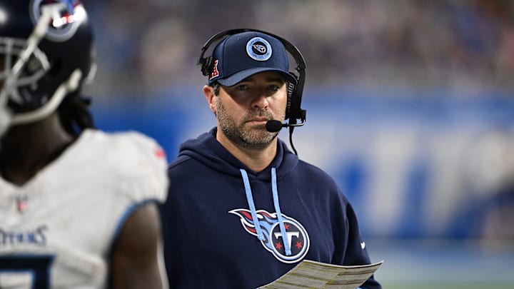 Oct 27, 2024; Detroit, Michigan, USA;  Tennessee Titans head coach Brian Callahan on the sidelines during their game against the Detroit Lions in the fourth quarter at Ford Field. Mandatory Credit: Lon Horwedel-Imagn Images