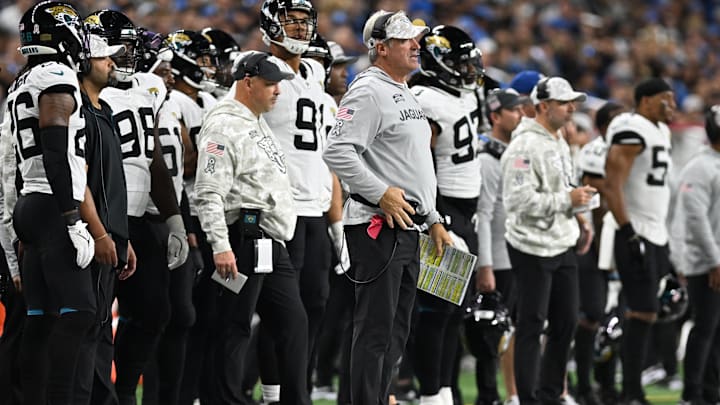 Nov 17, 2024; Detroit, Michigan, USA; Jacksonville Jaguars head coach Doug Pederson on the sidelines during the third quarter of their game against the Detroit Lions at Ford Field. Mandatory Credit: Lon Horwedel-Imagn Images