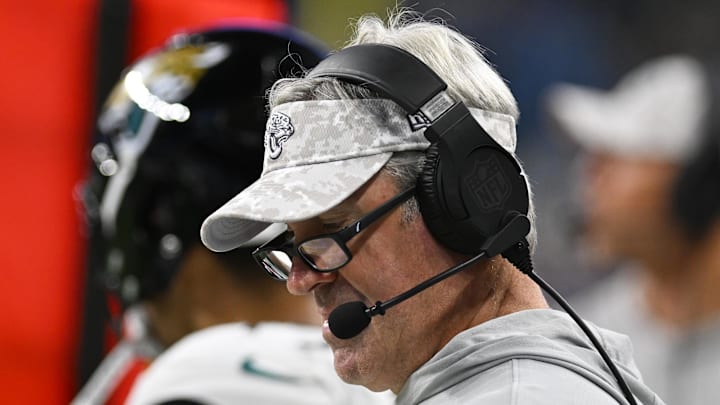 Nov 17, 2024; Detroit, Michigan, USA; Jacksonville Jaguars head coach Doug Pederson on the sidelines during the fourth quarter of their game against the Detroit Lions at Ford Field. Mandatory Credit: Lon Horwedel-Imagn Images