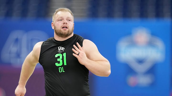 Mar 1, 2026; Indianapolis, IN, USA; Iowa offensive lineman Logan Jones (OL31) during the NFL Scouting Combine at Lucas Oil Stadium. Mandatory Credit: Kirby Lee-Imagn Images