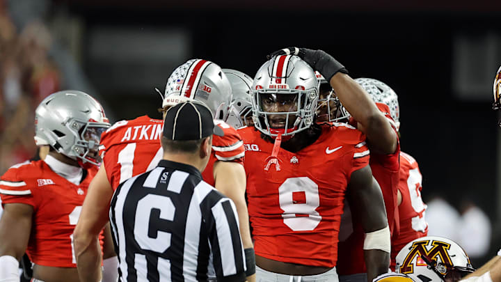 Oct 4, 2025; Columbus, Ohio, USA; Ohio State Buckeyes linebacker Arvell Reese (8) celebrates his sack with defensive lineman Beau Atkinson (14) during the second quarter against the Minnesota Golden Gophers at Ohio Stadium. Mandatory Credit: Joseph Maiorana-Imagn Images Oct 4, 2025; Columbus, Ohio, USA; Ohio State Buckeyes linebacker Arvell Reese (8) celebrates his sack with defensive lineman Beau Atkinson (14) during the second quarter against the Minnesota Golden Gophers at Ohio Stadium. Mandatory Credit: Joseph Maiorana-Imagn Images