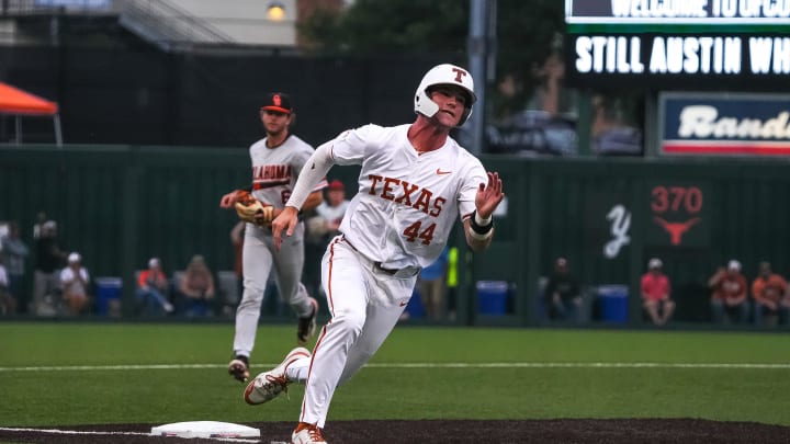 Texas Longhorns outfielder Max Belyeu (44) rounds third base after a hit team mate's hit during the game against Oklahoma State at UFCU Disch–Falk Field on Friday, May. 3, 2024 in Austin. Texas Longhorns outfielder Max Belyeu (44) rounds third base after a hit team mate's hit during the game against Oklahoma State at UFCU Disch–Falk Field on Friday, May. 3, 2024 in Austin.