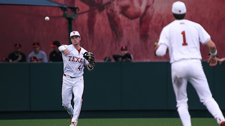 Texas Longhorns outfielder Max Belyeu (44) throws a ball to the infield during the game against Oklahoma State at UFCU Disch–Falk Field on Friday, May. 3, 2024 in Austin.